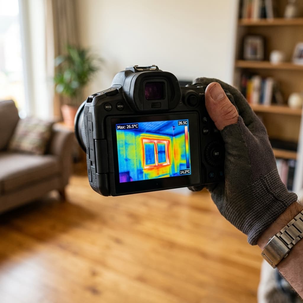 Energy assessor scanning a home ceiling with an infrared thermal imaging camera during a professional home energy assessment