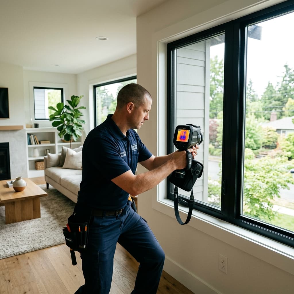 Professional home energy auditor in uniform using an infrared thermal imaging camera to inspect a residential window for temperature leaks