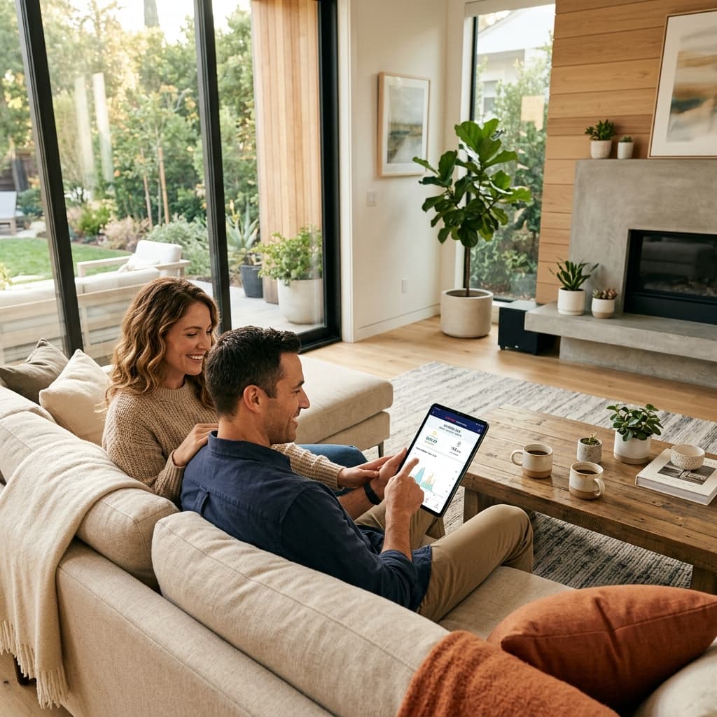 Homeowners discussing utility savings and financing on tablet