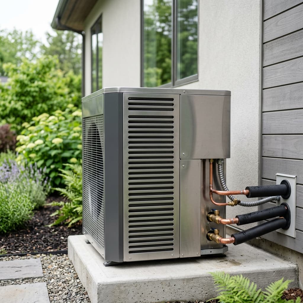 High efficiency heat pump installed on concrete pad next to house