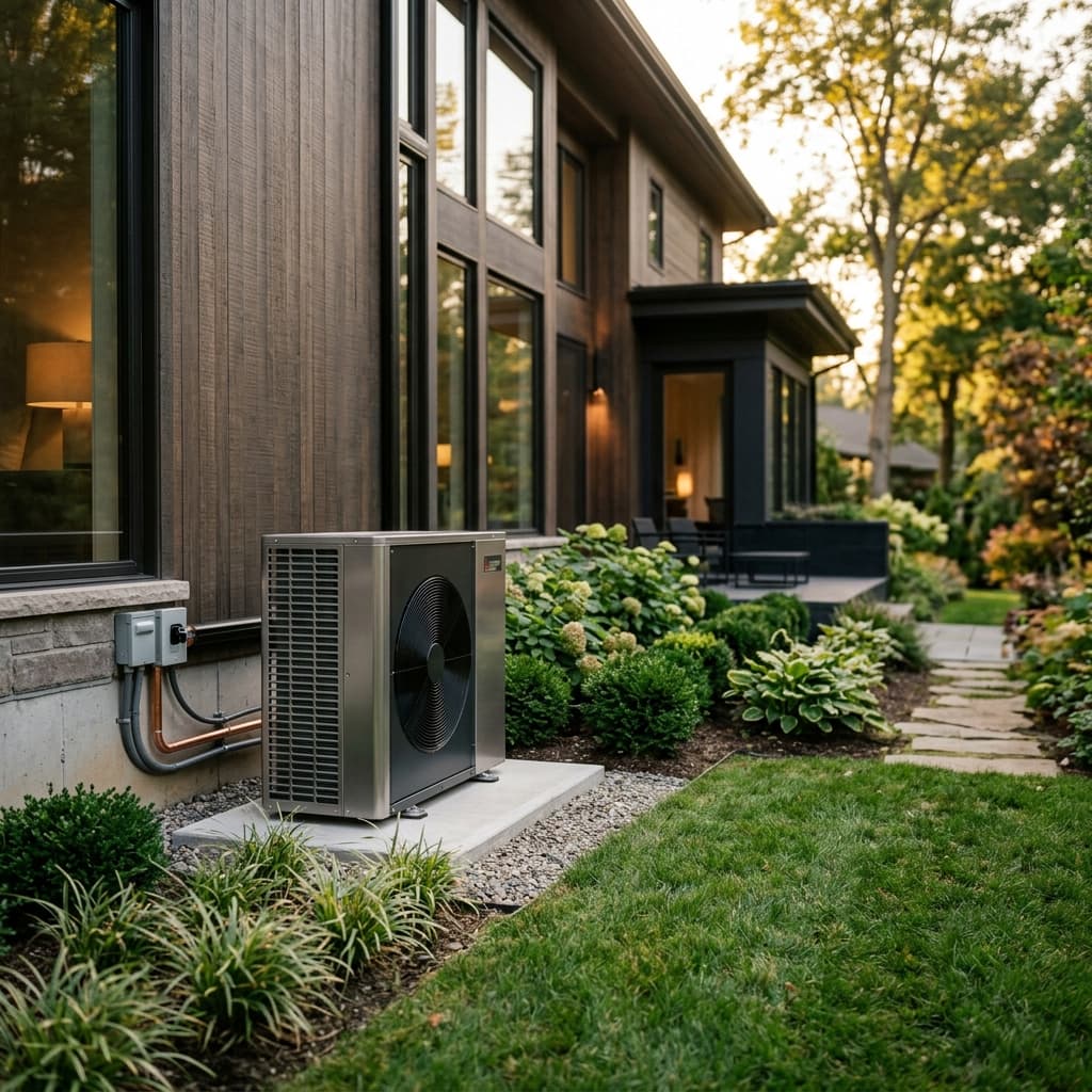 Sleek, high-efficiency central heat pump condenser unit installed outside a modern residential home