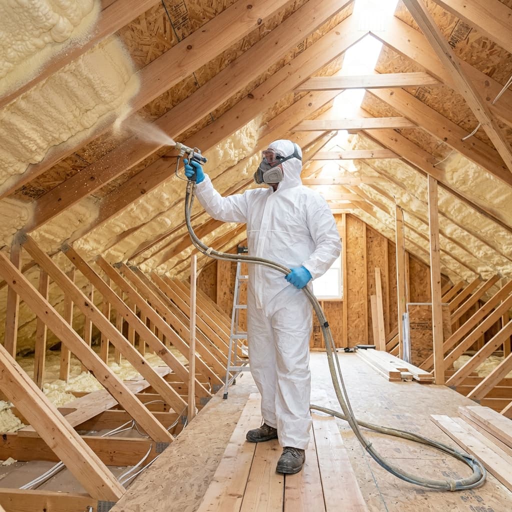 Specialist blowing cellulose insulation in home attic