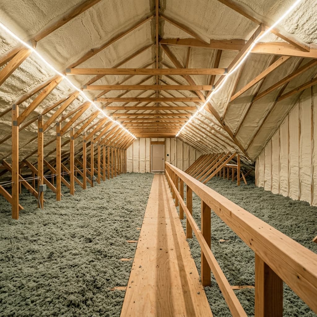 Attic crawlspace insulation upgrade showing premium spray foam applied between wood rafters