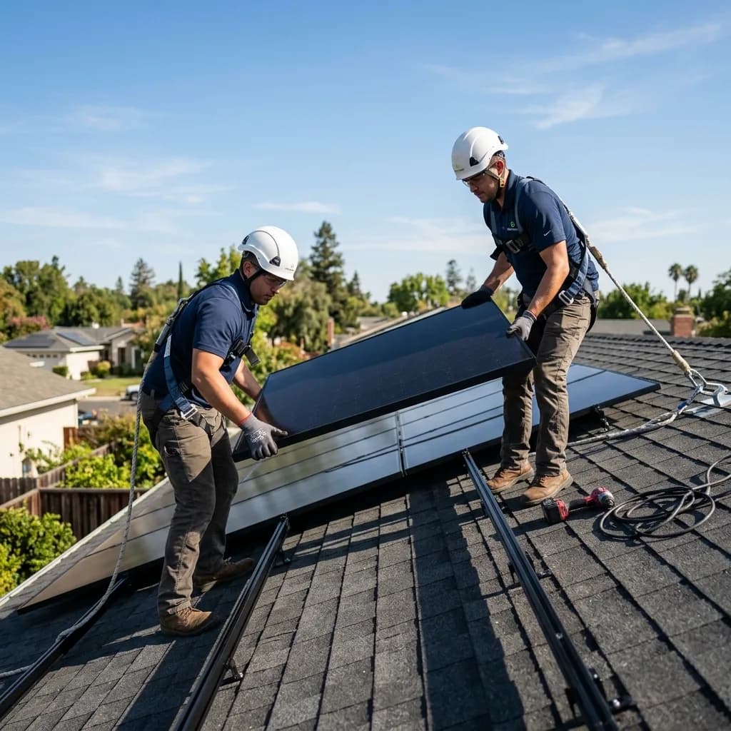 Technicians carefully removing solar panel from roof mount