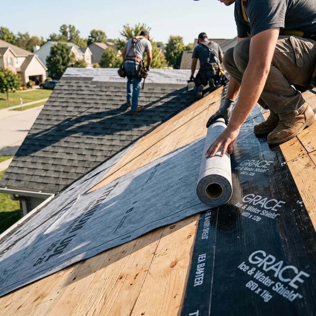 Roofing installation process showing underlayment layers