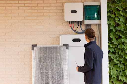 A technician finishes the installation of a solar system with battery.